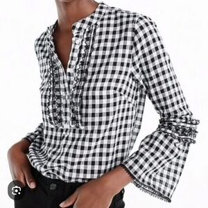 J. Crew Gingham Embroidered Bell Sleeve Top 6 Tall Black White Check